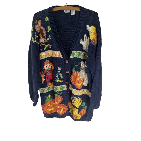 Vtg Honors Halloween Fall Grannycore Cat Ghost Pumpkin Sweater Women L Teacher - Picture 1 of 12